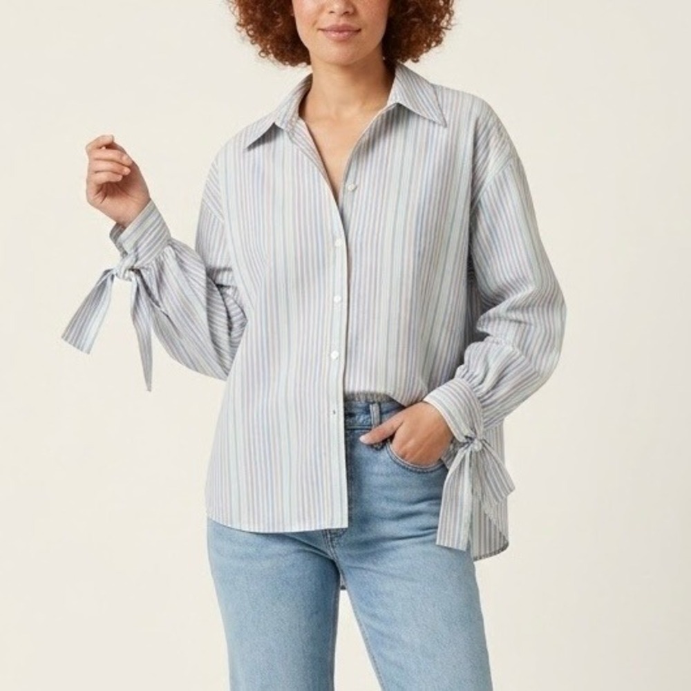 NEW Maeve Anthropologie Button Down Cotton Blue Striped Tie Cuff Oversized Med